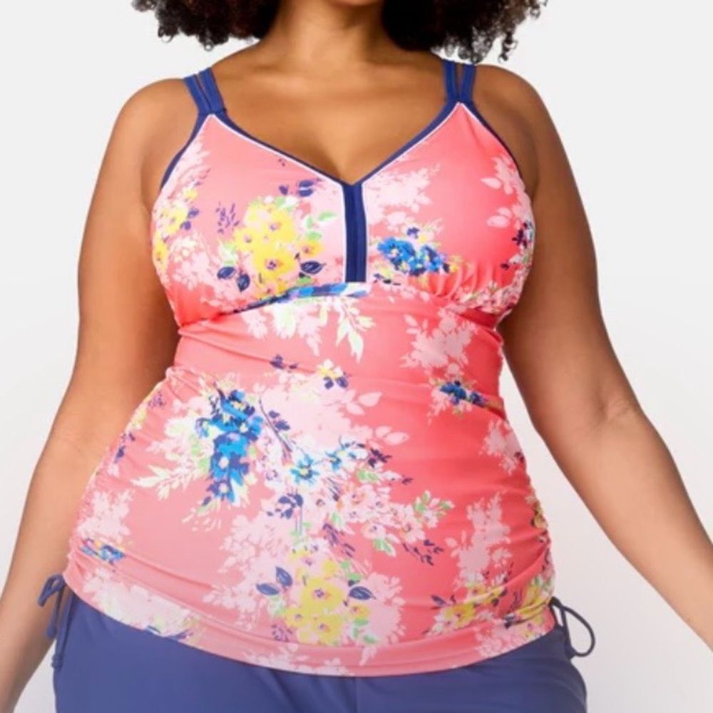 Free Country Plus Size Poolside Bouquet Double Strap Tankini‎ Top- 3X